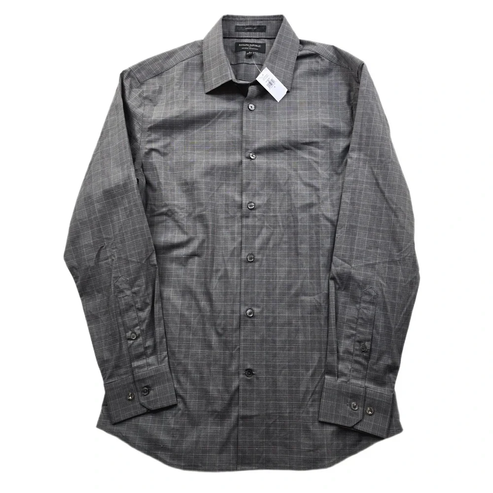 Banana Republic Casual Shirt‎ Mens Small Grey Cotton Plaid Athletic Fit NEW